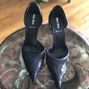 MIU MIU Black Leather appliquéd Pointy Toe D’orsay Stiletto Heels sz 37